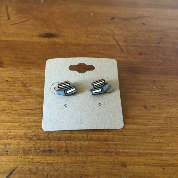 Hand Painted Stack of Books Stud Earrings Hypoallergenic Lightweight Posts - Picture 1 of 4